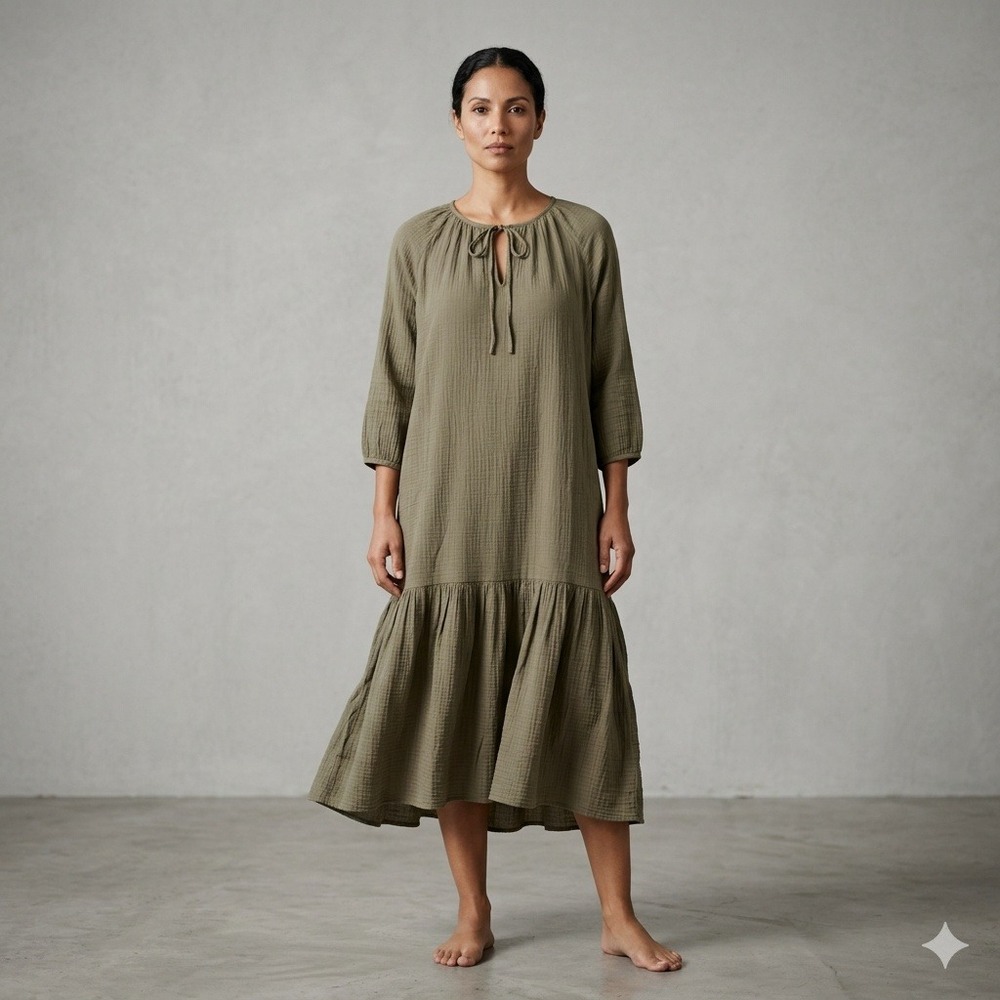 FILOSOFIA Women Olive Green Cotton Gauze Tiered Midi Dress Boho Tie Neck Size M